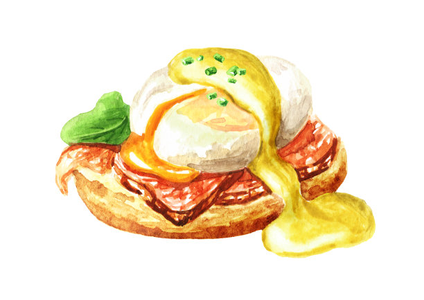 班尼迪克蛋。烤面包或吐司，火腿或熏肉，水煮蛋，黄油荷兰酱和香草。手绘水彩插图孤立的白色背景图片下载