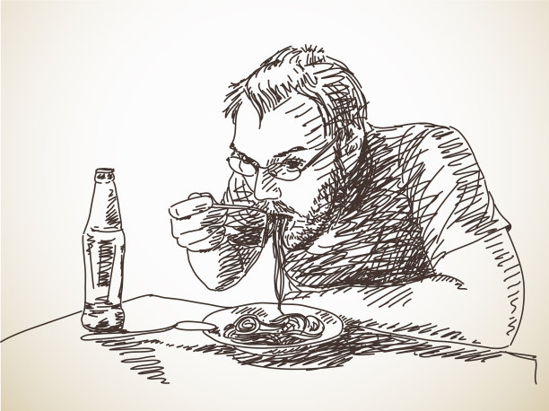 素描男子吃意大利面图片下载