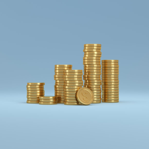 蓝色背景上的一堆金币。有利润的概念。图片下载