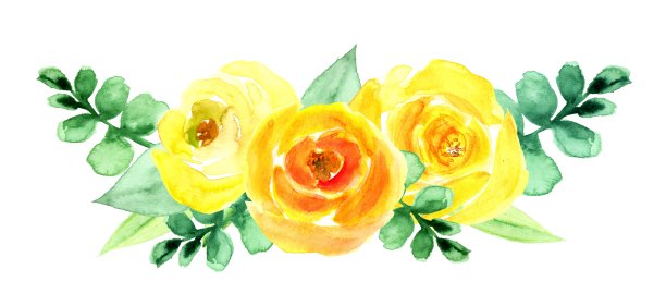 黄玫瑰花环，水彩手绘插图，孤立，白色背景。设计元素图片下载