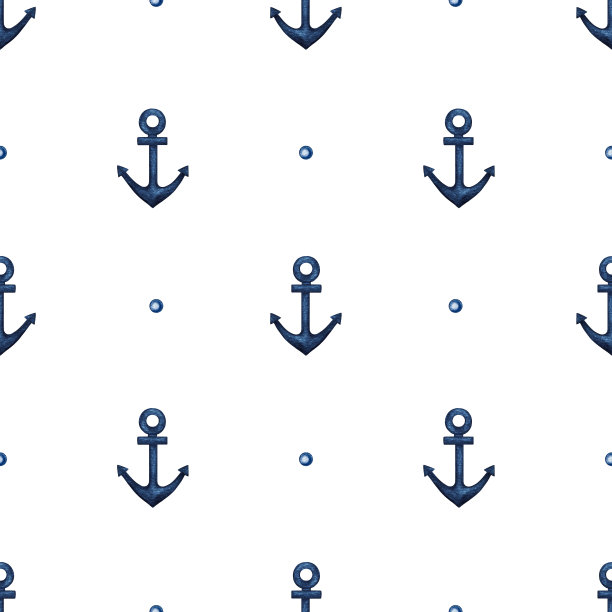 水彩海军蓝色锚无缝模式。航海船的部分。海洋生物、邮轮、旅游主题。手绘海洋背景，纹理设计打印图片下载