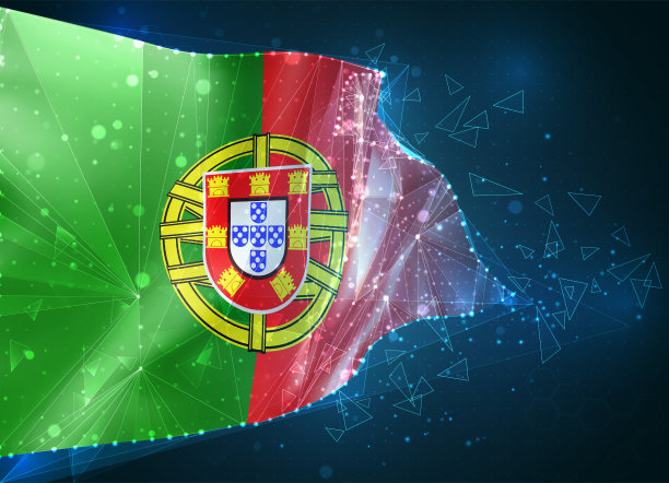 葡萄牙，矢量旗，虚拟抽象三维物体从三角形多边形上的蓝色背景图片下载