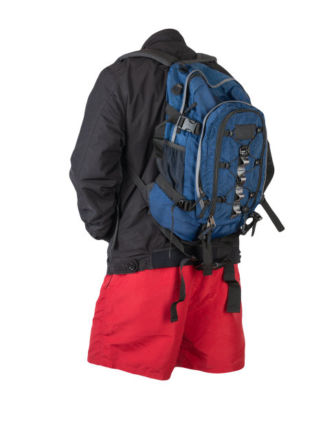 蓝色背包，短裤，夏季夹克孤立在白色背景。休闲服图片下载
