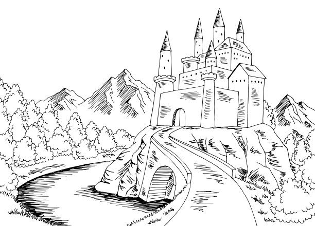 城堡道路图形黑白景观素描插图矢量图片下载