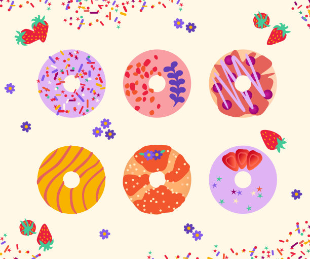 俯视图的甜甜甜圈设置草莓和糖屑图片下载