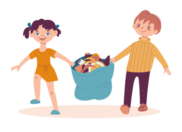 男孩和女孩的孩子们把收集来的垃圾装在一个垃圾袋里。垃圾回收自然清洁理念。矢量插图在平面卡通风格。孤立在白色背景上。图片下载