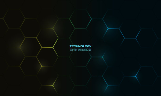 暗六角形技术抽象背景与蓝色和黄色明亮的闪光图片下载
