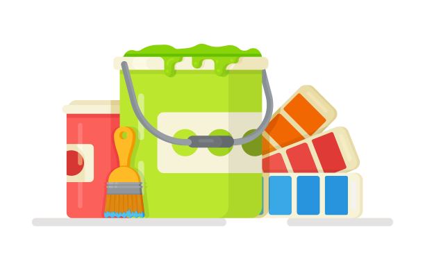 矢量插图的油漆选择概念为一个新的房间。流行的调色板模式。调色板上有蓝色、红色、绿色和橙色。图片下载