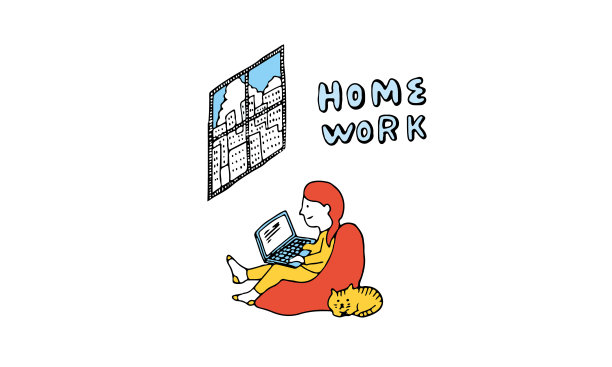 插画女孩在家做作业。图片下载