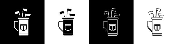 设置高尔夫球袋与俱乐部图标孤立在黑色和图片下载