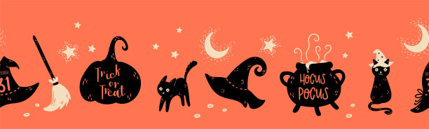 有趣的手绘万圣节无缝图案猫，帽子，蝙蝠和装饰-伟大的纺织品，横幅，壁纸，包装-矢量设计图片下载