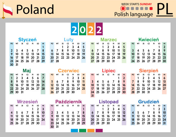 波兰水平口袋日历为2022年。一周周日图片下载
