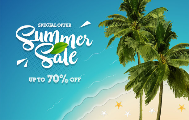 夏季销售度假横幅与热带海滩的背景图片下载
