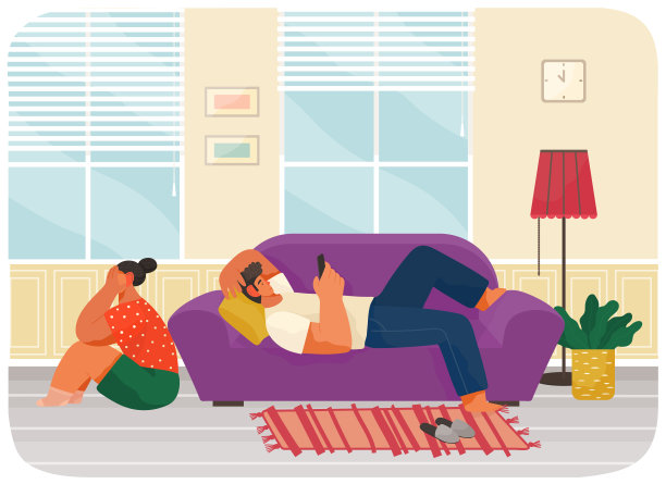 男人躺在家里的沙发上通信上网，女孩正在哭泣，冒犯图片下载