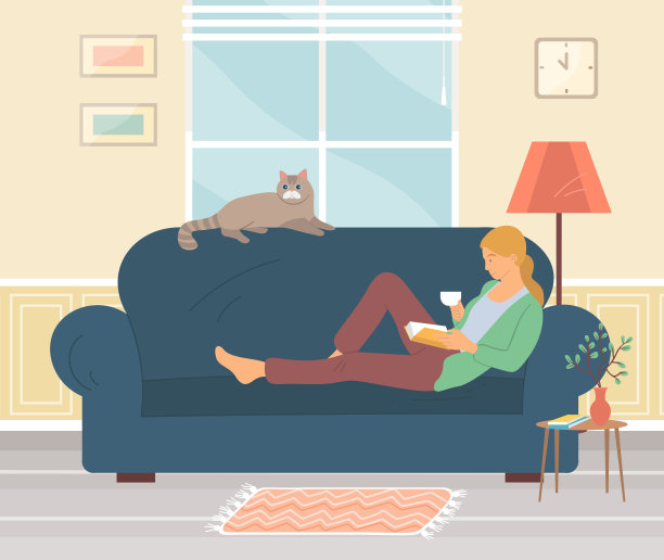 女孩在家里的沙发上喝茶看书。猫靠着窗户躺在沙发上图片下载