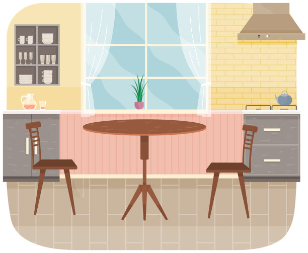 现代厨房内部家具。木制餐桌和椅子矢量插图图片下载