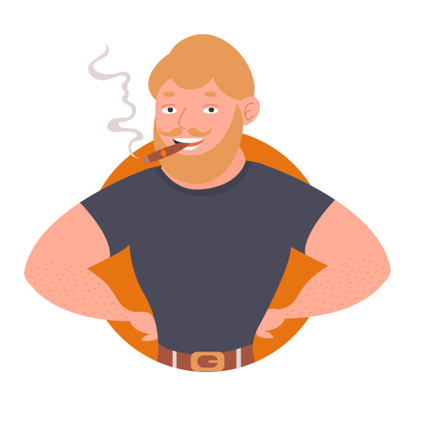 一个留着大胡子的宽肩膀男人微笑着抽着雪茄。图片下载