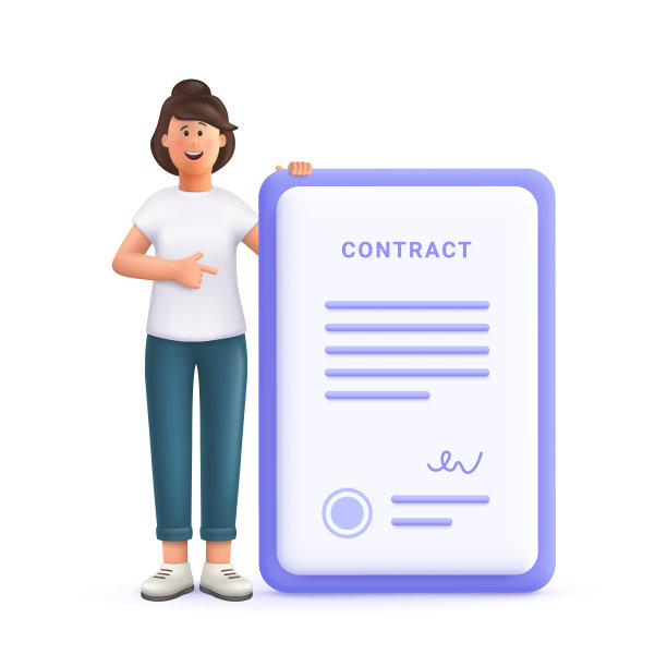年轻女子简微笑着指着一份签了字的大合同。3d矢量人物角色插图。图片下载