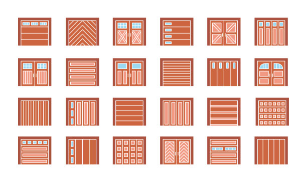 木制车库门关闭。平的图标集。各类仓库或车间门。矢量插图与外部设计标志。孤立的对象图片下载
