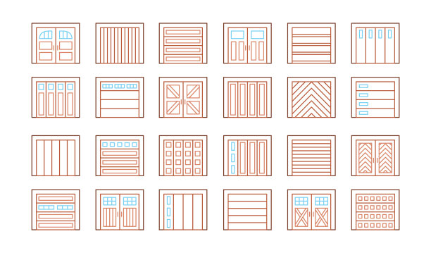 木制车库门关闭。行图标集。各类仓库或车间门。矢量插图与外部设计标志。孤立的对象图片下载