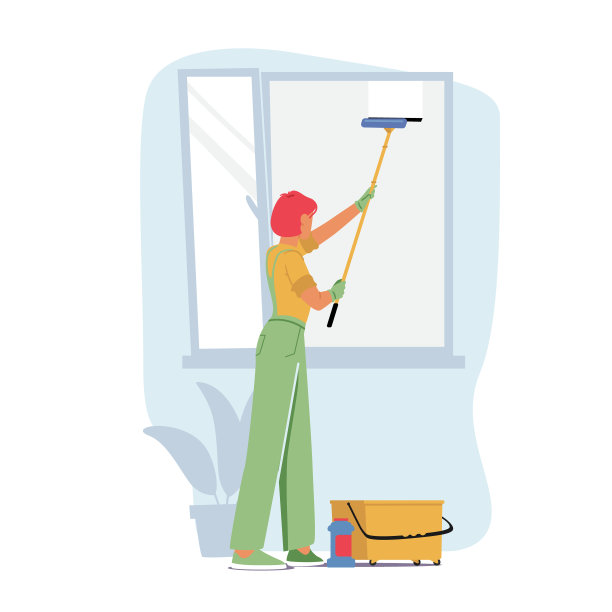 穿着制服的女性角色保洁员用刮刀清洗窗户。专业清洗图片下载