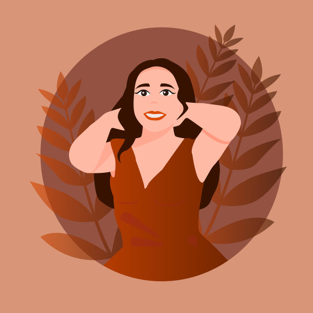 快乐的女孩在树叶和夕阳的背景下。向量。平的。棕色，柔和的色调和渐变。女性的幸福与自爱观。图片下载