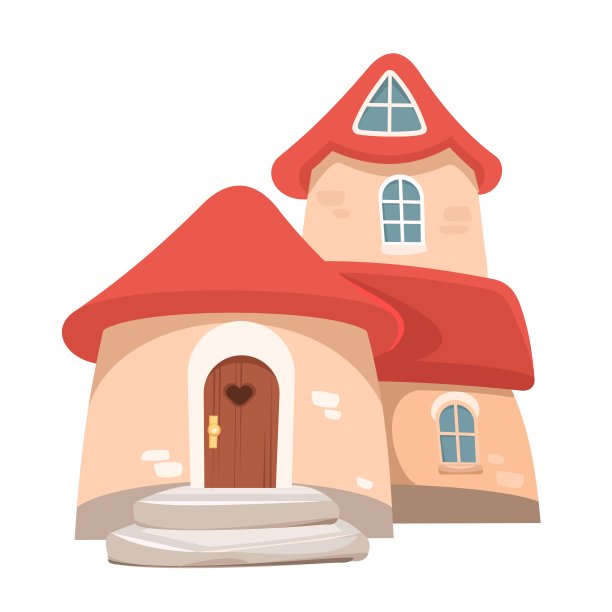 童话般的滑稽房子孤立。侏儒的住所。美丽的卡通插图上的白色背景。红色的屋顶。木门。可爱的婴儿照片。向量图片下载