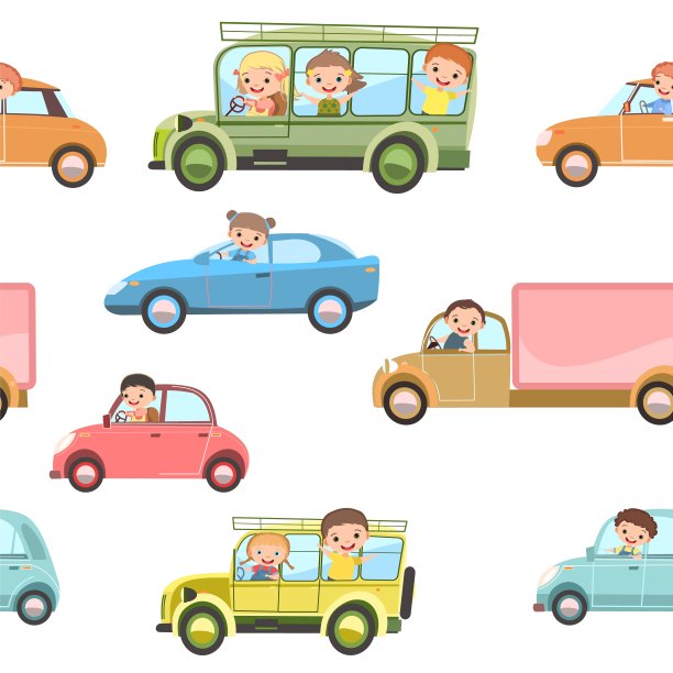 孩子们开小汽车和公共汽车。无缝的卡通图案。孩子的司机。儿童背景孤立。各种各样的汽车。玩具车辆，汽车和卡车汽车。向量图片下载