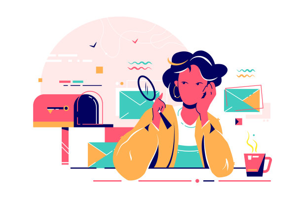 年轻女子用放大镜和杯子检查邮件图片下载