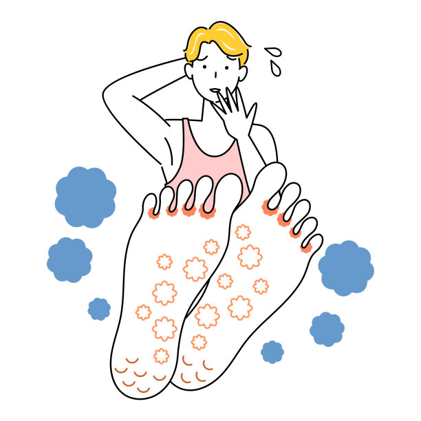 可爱的男人谁是伤心，他的脚已经成为一个水虫向上的插图脚底向量皮肤护理。一个可爱的家伙，因为他的脚有香港脚而伤心。盘腿而坐。插图。向量。图片下载