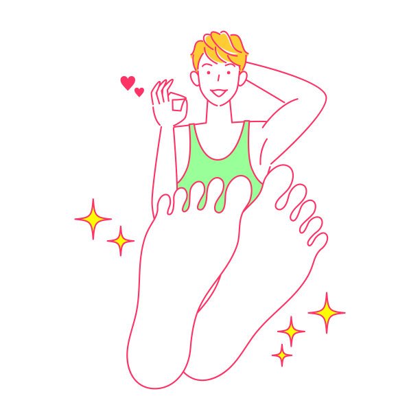 足部皮肤护理：足底问题痊愈的可爱男人插画，足底特写图片下载
