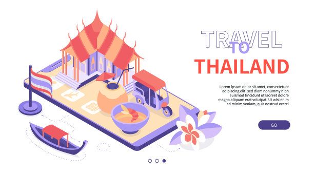 泰国旅游-现代彩色等距网横幅图片下载