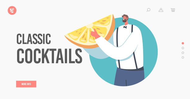 经典鸡尾酒登陆页面模板。专业调酒师拿着巨大的柠檬片烹饪新鲜饮料，图片下载
