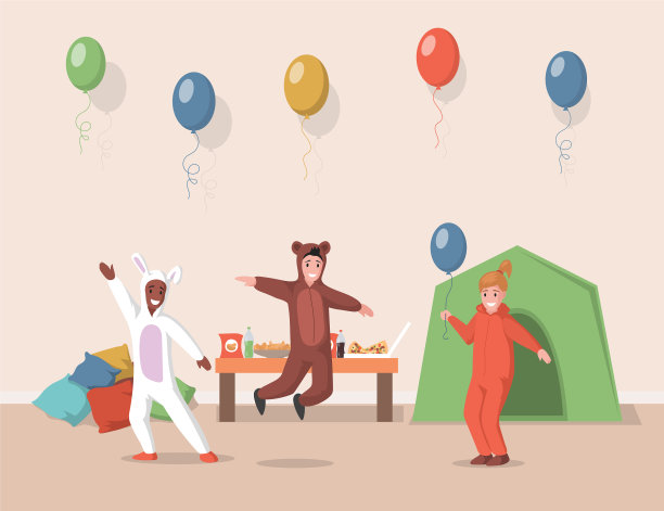 快乐的男孩和女孩穿着小熊和兔子的服装图片下载