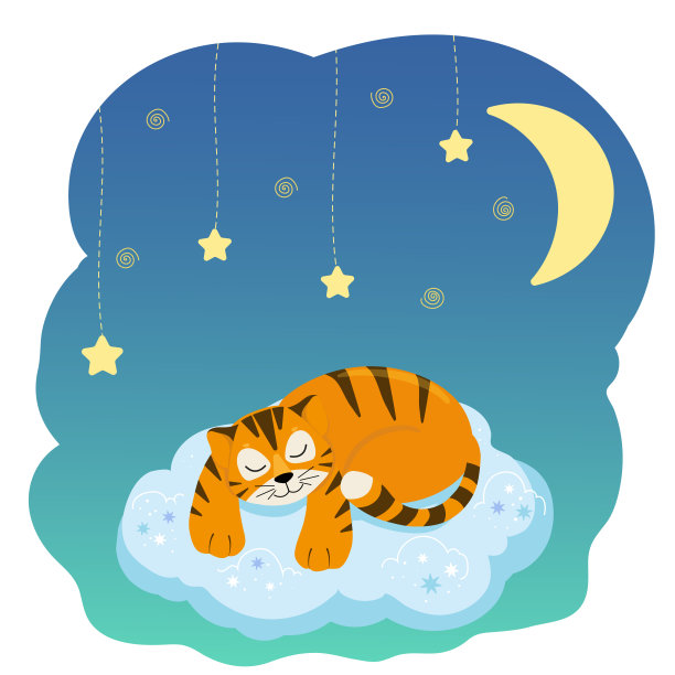 可爱的老虎在云上睡觉。2022年的象征。卡通风格矢量插图。婴儿动物概念托儿所，设计，装饰，明信片和印刷图片下载
