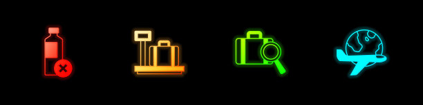 设置无水瓶，手提箱秤，丢失行李和地球飞行飞机图标。向量图片下载