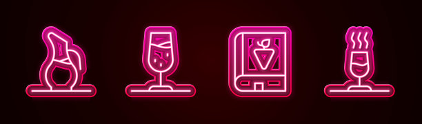 设酒壶，葡萄酒杯，葡萄品酒书，品酒。发光的霓虹灯图标。向量图片下载