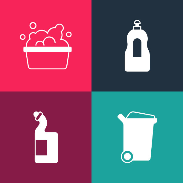 设置波普艺术垃圾桶，洗碗液瓶，盆与肥皂泡沫图标。向量图片下载