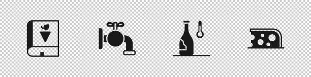 设定书关于葡萄，水龙头桶，葡萄酒温度和奶酪图标。向量图片下载