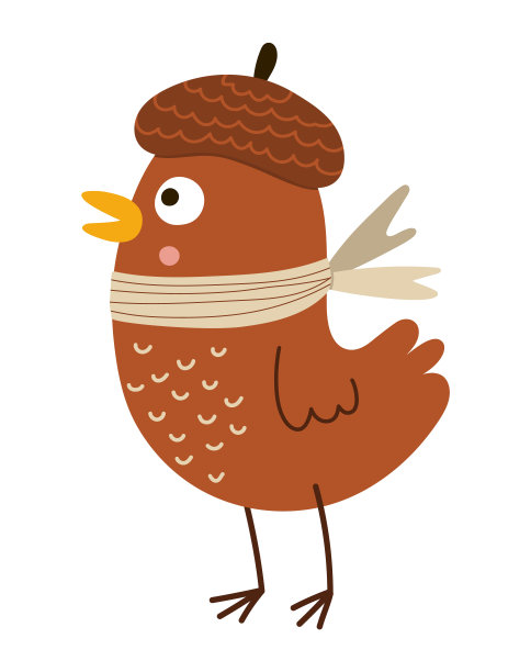 戴着帽子和围巾的可爱小鸟。矢量秋天的特征孤立在白色背景上。秋季林地动物图标打印，贴纸，明信片。有趣的森林或感恩节插图图片下载