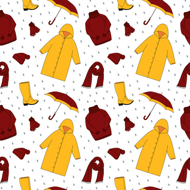 秋季户外服饰无缝图案。秋天，天气寒冷多雨。雨衣，胶靴，针织品，雨伞。秋天季节向量卡通背景图片下载