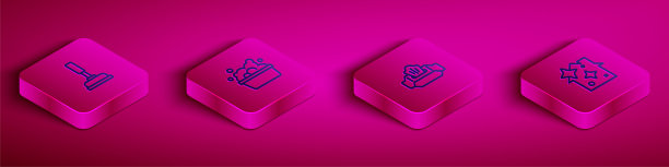 设置等距线橡胶柱塞，盆与肥皂泡沫，湿擦拭包和家庭清洁服务图标。向量图片下载