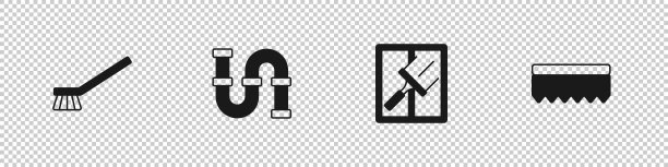 设置刷清洗，工业金属管，橡胶清洁窗和海绵图标。向量图片下载