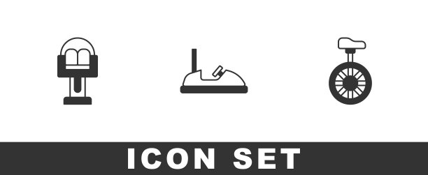 设置吸引旋转木马，保险杠和独轮车或单轮自行车图标。向量图片下载