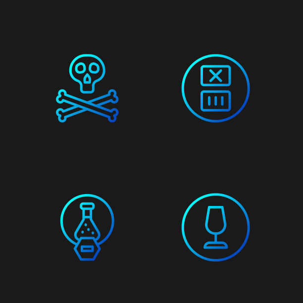 设有易碎玻璃、试管、烧瓶、骷髅警告、温度清洗等生产线。渐变颜色图标。向量图片下载