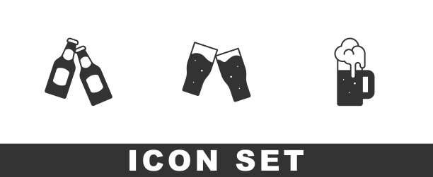 设置啤酒瓶，啤酒杯和木制马克杯图标。向量图片下载