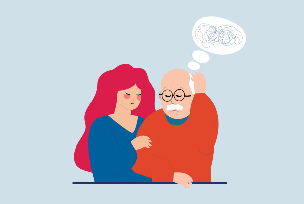 年轻的角色女孩照顾老年痴呆的老人或祖父。图片下载