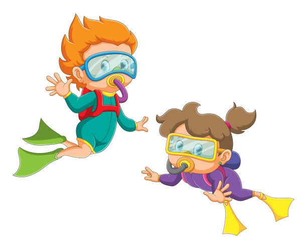 男孩和女孩正在使用潜水服和脚蹼图片下载