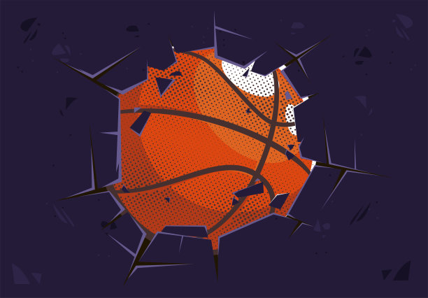 矢量插图的篮球打破在中心的一堵墙，墙壁的碎片，从被球击中的一堵破碎的墙图片下载