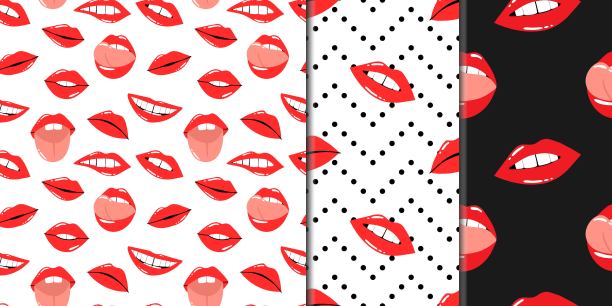 红唇无缝图案。女性性感的口红。女人唇带妆，舌和白牙齿，卡通矢量孤立的当代装饰纺织品，包装纸墙纸矢量打印或织物图片下载
